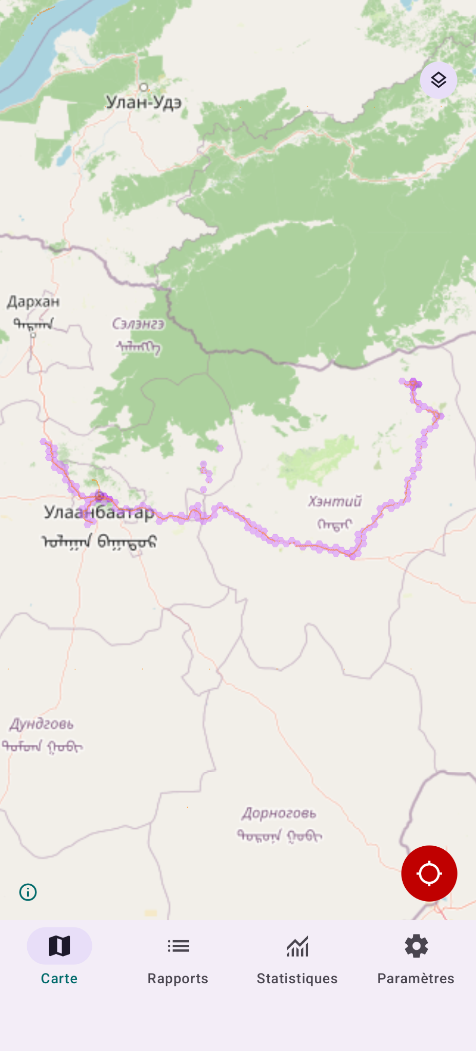 Capture d'écran de l'application neostumbler, montrant mon parcours avec les extrémités Est et Ouest de celui-ci. Dadal à l'est, pas loin d'UB à l'Ouest